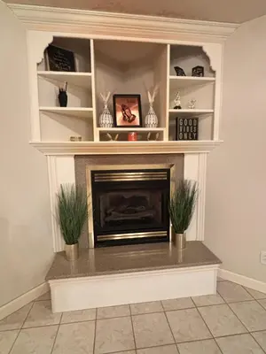 a fireplace in a living room with two potted plants at Downstairs oasis
