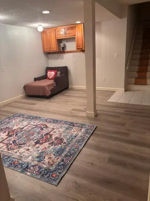 a living room with a couch and a rug at Downstairs oasis