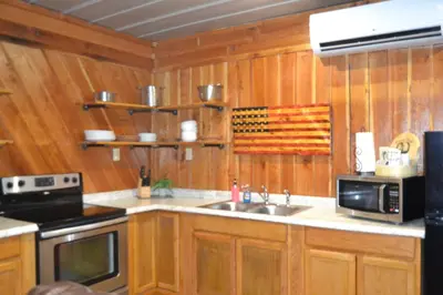 a kitchen with wooden cabinets and a sink and a microwave at Restful River Cabin, Red River Gorge, KY, River Access & Views in Stanton