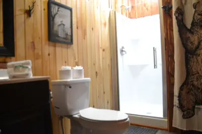 a bathroom with a toilet and a sink and a window at Restful River Cabin, Red River Gorge, KY, River Access & Views in Stanton