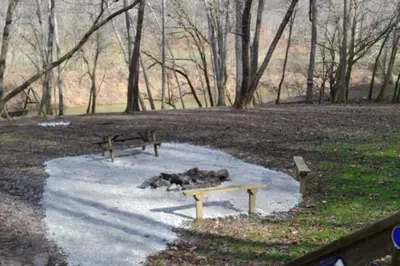 a dog laying on the ground next to a park bench at Restful River Cabin, Red River Gorge, KY, River Access & Views in Stanton