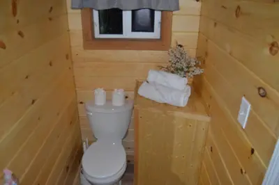 a bathroom with a toilet in a wooden room at Campfire Cabin, Red River Gorge, KY, River Access & Views in Stanton