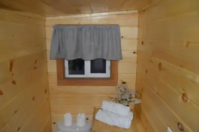 a bathroom with a toilet and a window at Campfire Cabin, Red River Gorge, KY, River Access & Views in Stanton