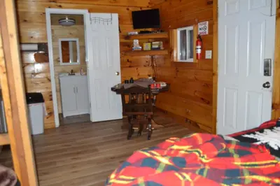 a bedroom with a bed and a table in a room at Campfire Cabin, Red River Gorge, KY, River Access & Views in Stanton