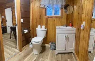 a bathroom with a toilet and a sink at Sleepy Bear Cabin, Red River Gorge, KY, River Access & Views in Stanton