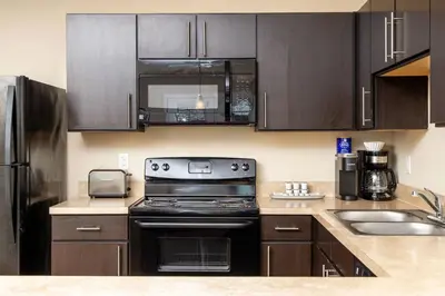 a kitchen with a black stove and a sink at The New Albany Perch Top Floor Pet-Friendly! in Westerville