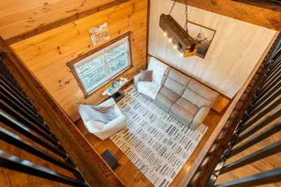 an overhead view of a living room with a couch at Peaceful Valley Retreat in Sugarcreek