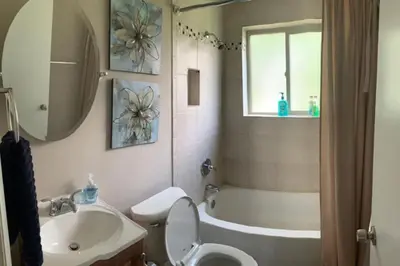 a bathroom with a sink and a toilet and a tub at Dimmick Cozy Retreat 3 Bed 1 Bath - Sleeps 6 in Gano