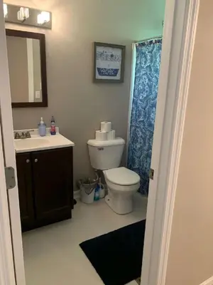 a bathroom with a toilet and a sink and a mirror at 4 Bed 2.5 Bath Sleeps 10- King of Karincrest in Middletown