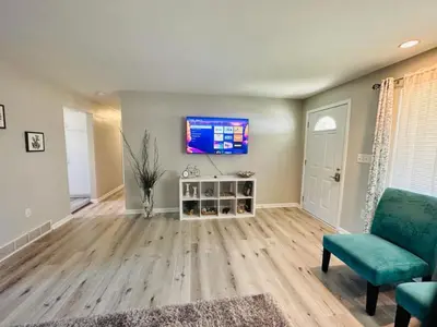 a living room with a couch and a tv on a wall at Hot tub bubbles on Butler in Mason