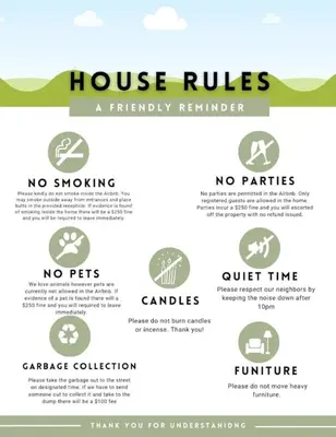 a set of four posters detailing house rules at Lovely Retreat Backyard With Deck and entertain room in Mason