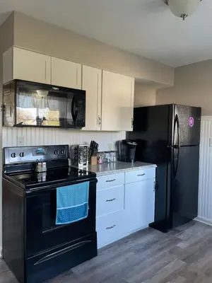 a kitchen with a black stove and a refrigerator at Lovely Retreat Backyard With Deck and entertain room in Mason