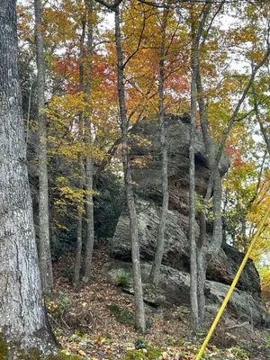 a pile of rocks in the woods with trees at Cherokee Cabin-Cave Run Lake and Cliff Views-Red River Gorge in Big Woods