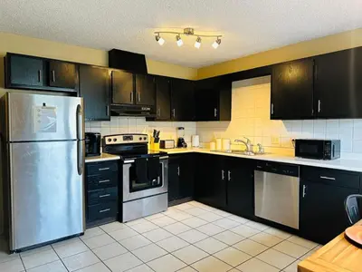 a kitchen with black cabinets and stainless steel appliances at Tranquility in Trenton -Sleeps 9 in Trenton