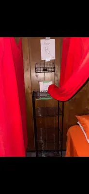 a room with red curtains and a bed with a desk at Tarawa drive in Cincinnati