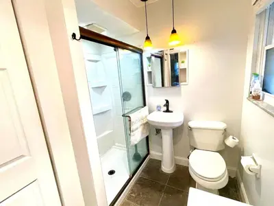 a bathroom with a toilet and a shower and a sink at Large Private Ranch - Master Bedroom Suite with King Bed and private Bathroom - Fenced Yard - Pets & Kids Welcome - Pool Table in Columbus