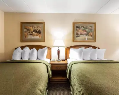 a hotel room with two beds and a lamp at Quality Inn Chillicothe in Chillicothe