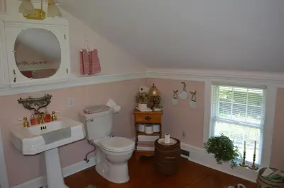 a bathroom with a white toilet and a sink at Mohican Farmhouse, Pond, and Animals in Perrysville