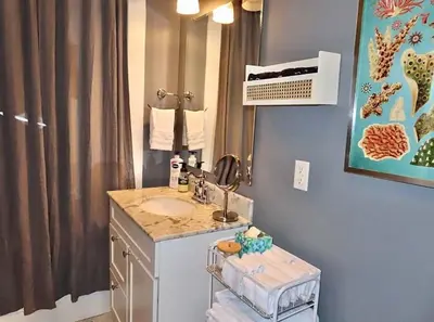 a bathroom with a sink and a mirror and a shower at The Nook on Neil Walkable 3BR in Columbus