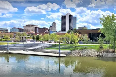 a view of a city skyline from a park at Pontiac - Secluded Backyard, Pet Friendly in Fort Wayne