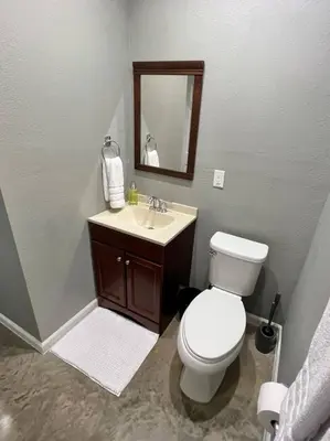 a bathroom with a toilet and a sink with a mirror at Posh Pad in Marion