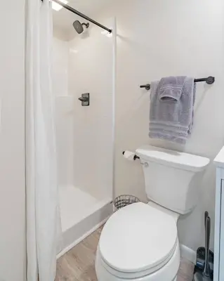 a white bathroom with a toilet and a shower at The Luxe in Marion