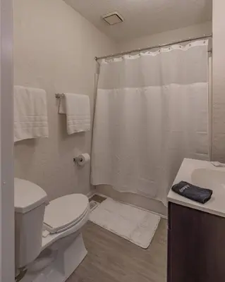 a bathroom with a toilet and a shower and a sink at University Suite 