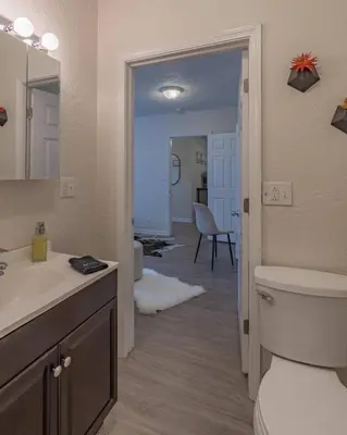 a bathroom with a toilet and a sink and a mirror at University Suite 
