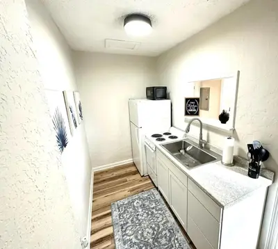 a kitchen with a sink and a white refrigerator at University Suite 