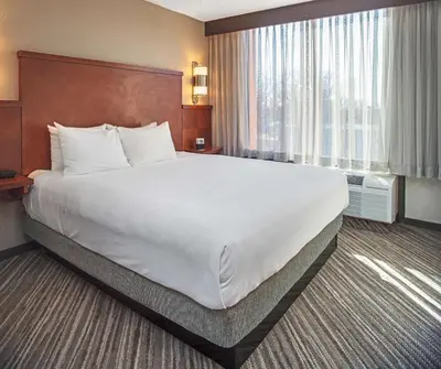 a hotel room with a large bed and a large window at Hyatt Place Cincinnati Blue Ash in Blue Ash