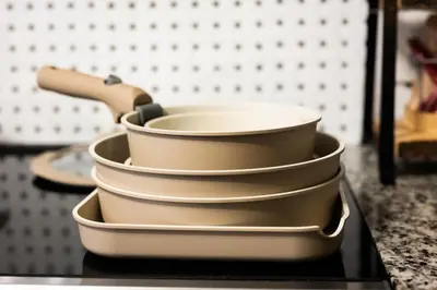 a stack of dishes sitting on a counter top at Fauver Suite in Dayton
