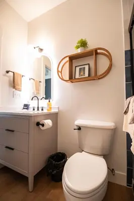 a bathroom with a toilet and a sink and a mirror at Cherry Hollow in McArthur