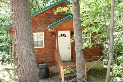 a log cabin with a porch in the middle of trees at Jack Pine Hollow in Logan