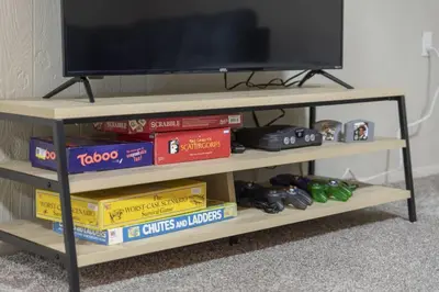 a television on a shelf with books and video game controllers at Hot Tub Game Room with Shuffleboard N64 Sleeps 8 in Parma Heights