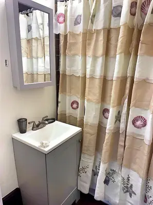a bathroom with a sink and a shower curtain at LOVELY FURNISHED HOUSE FOR rent in Akron