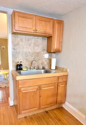 a kitchen with wooden cabinets and a sink at Lakewood Central Haven in Cleveland