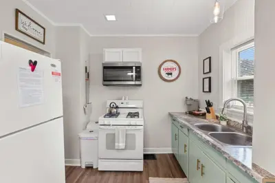 a kitchen with a white stove and a sink at Double the Space for Large Groups Entire Duplex in Cleveland