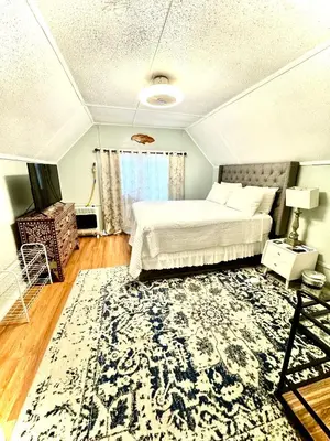 a bedroom with a bed and a rug at Cozy Home By University Circle VA,CC & Museum in Cleveland