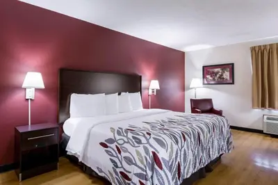 a large bed in a hotel room with red walls at Red Roof Inn Carrollton in Carrollton