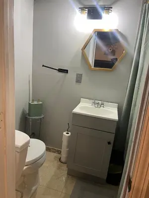 a bathroom with a white toilet and a sink at Modern Glass City Home in Toledo