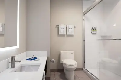 a white bathroom with a toilet and a shower at Holiday Inn Express & Suites Muncie Northwest by IHG in Muncie