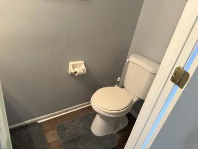 a bathroom with a white toilet in a room at Private Cul-de-Sac Oasis 4BR in Grove City