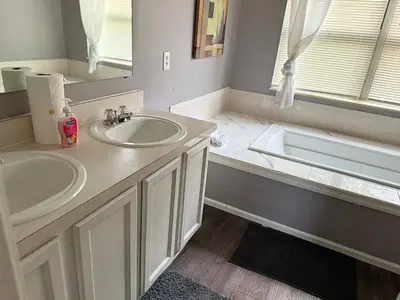 a bathroom with a sink and a mirror and a tub at Private Cul-de-Sac Oasis 4BR in Grove City
