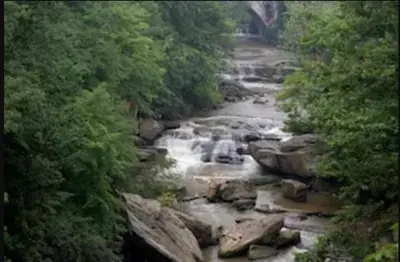 a river with rocks and waterfalls in a forest at NEW Renovated Near CLE - King Bed, Metropark & Firepit in Berea