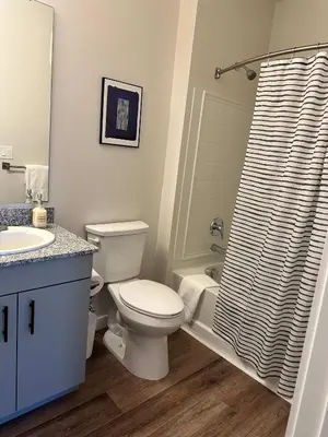 a bathroom with a toilet and a shower curtain at Stylish & Spacious Stay Near The Banks in Cincinnati