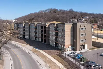 an aerial view of an apartment complex next to a road at Modern Stay Close to Dining & Entertainment in Cincinnati