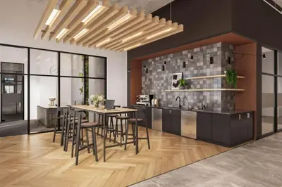 a kitchen and dining room with a table and chairs at OTR 1 Bed Suite Free Parking Gym Pool Clubroom in Cincinnati