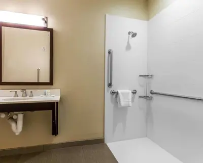 a bathroom with a shower and a sink at Comfort Suites-Youngstown North in Youngstown