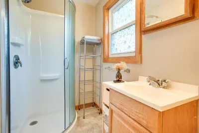 a bathroom with a sink and a shower at Quiet and Idyllic Studio Near Glen Helen Preserve in Fairborn