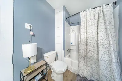 a bathroom with a toilet and a shower curtain at Kenmore Akron 3 bedroom 1 bath in Akron